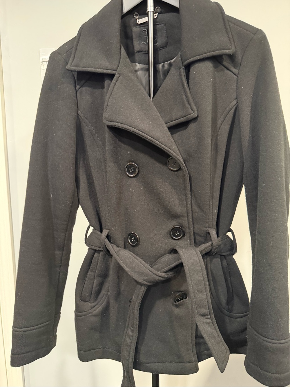 Women's Black Double-Breasted Peacoat with Waist Tie